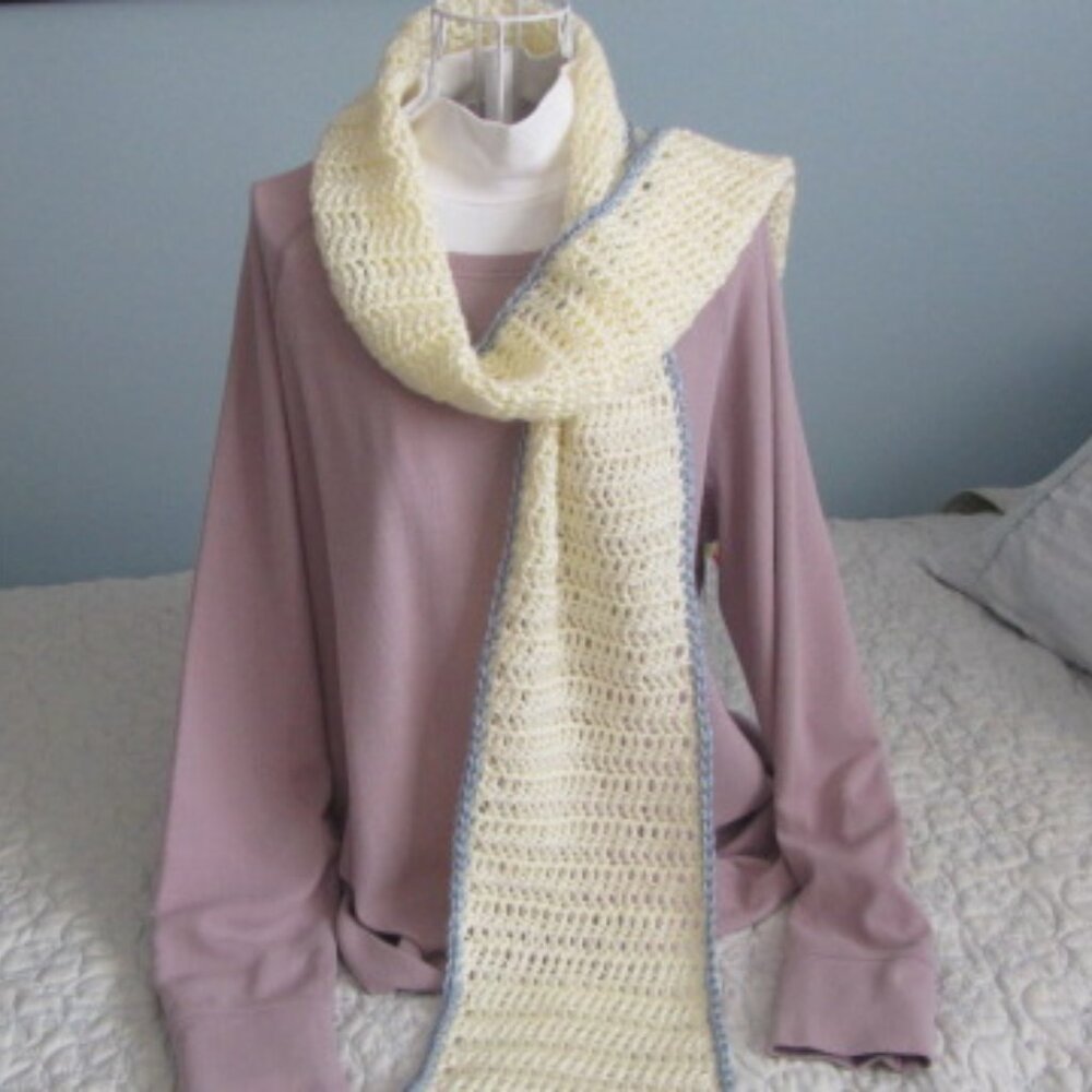 New handmade scarf white/blue acrylic crochet easy care $20